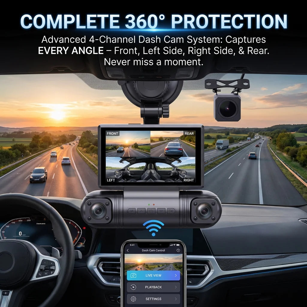4 Channel Dash Cam 2K Front +1080P Left Right Rear Car DVR Camera WiFi Night Vision 3.0" Screen Parking Monitor 24H Parking Mode