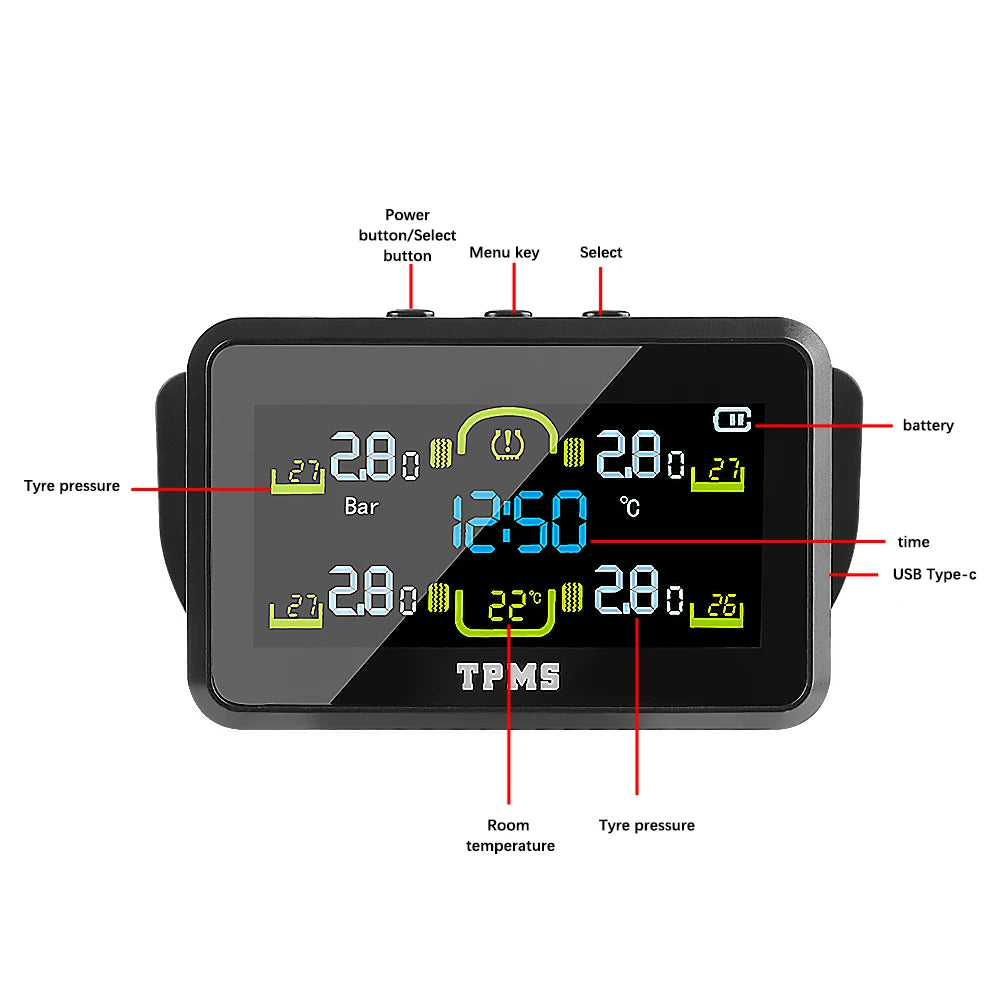 Temperature Warning Fuel Save Tire Pressure Monitoring System Car Tyre Pressure Monitor With 4 External Sensors Solar TPMS T14-1