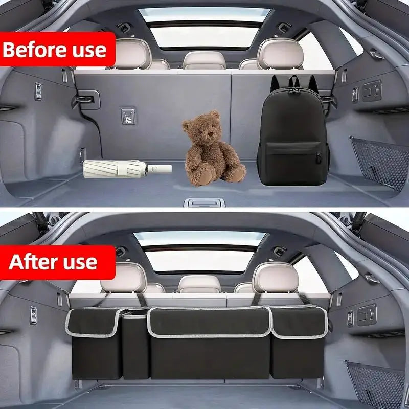 Car Trunk Organizer, Backseat Hanging Large Storage with Adjustable Straps, Waterproof Collapsible Cargo Bag with 4 Pockets