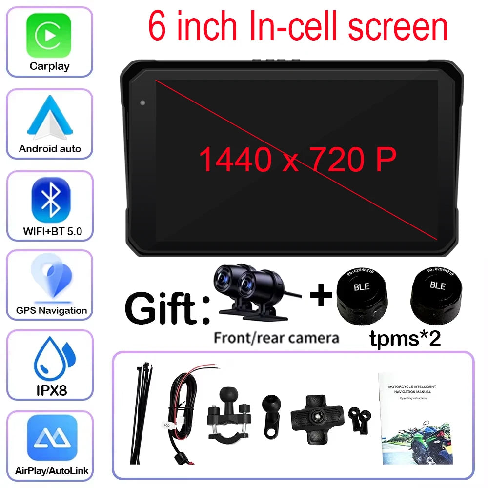 Motorcycle Navigation 6 inch Screen 1440*720P GPS Wireless CarPlay Android Auto Motorcycle GPS Motor DVR Monitor TPMS Optional