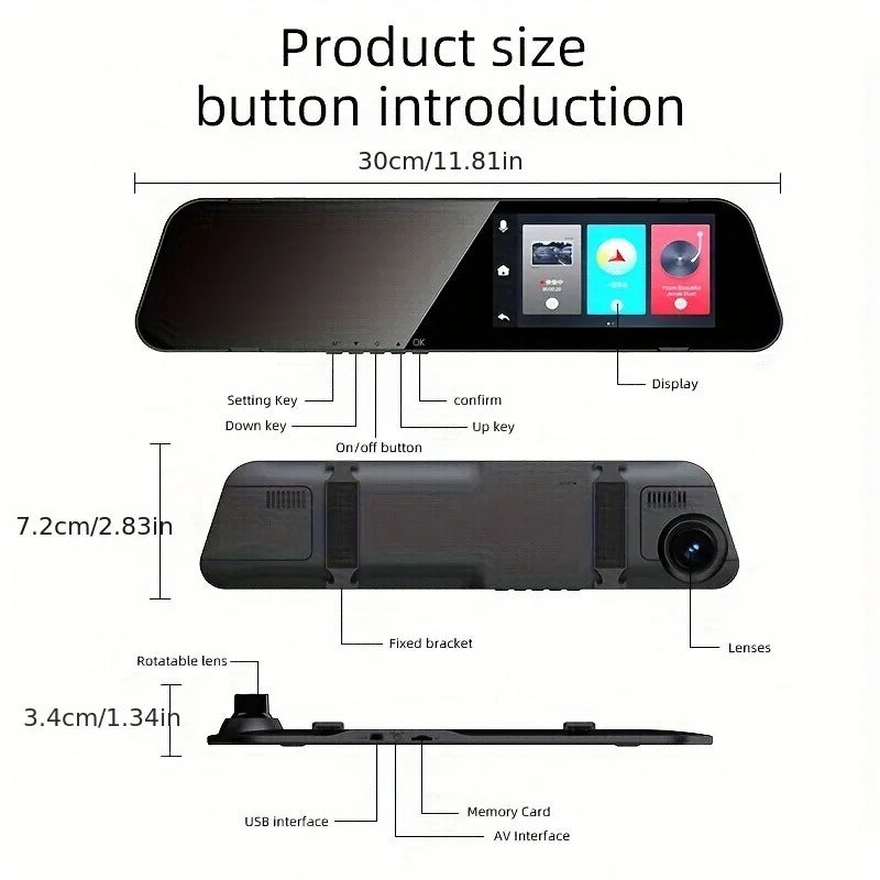 4.5-inch  Mirror Dash Cam, Front and Rear View Mirror Dual Camera, Loop Recording, Wide Angle, G-Sensor, Parking Assistance