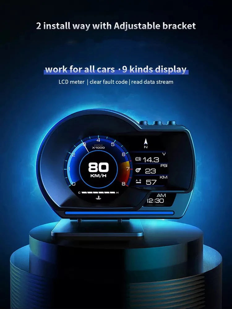 Newest A501 Car Head Up Display OBD2 Smart Car HUD Turbo Gauge Digital Odometer Security Alarm Water&Oil temp RPM Auto Meter
