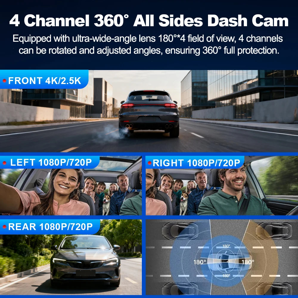 BEPOCAM Dash Cam 4K 4 Channel Front and Rear Inside 360° Car Camera for Cars Built-in WiFi GPS WDR Night Vision 24H Parking Mode