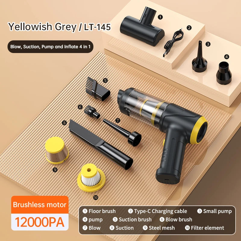 Wireless Vacuum Cleaner USB Chargin、 Blow、Suction、Pump、Inflate 4in1，1 Key to Pour Dust Cordless Portable Car Vacuum Cleaner