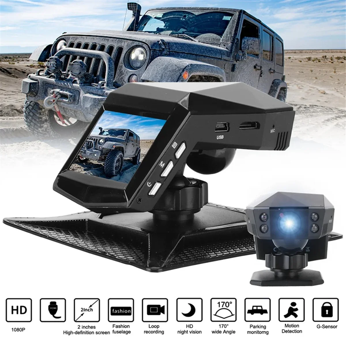 Car Dash Video Recorder Rear View Monitor DashCam 2Inch Screen 1080P Wide Angle(A)