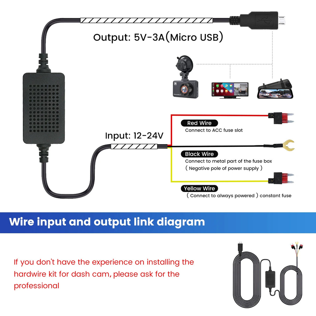 3A 3.5m Car Dash Cam Mini / Micro USB / Type-C Interface Charger Dashcam Rear Camera 12-24v Hardwire Cable Kit Step-Down Line