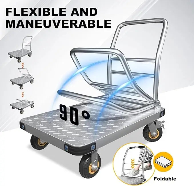 Durable 500kg Metal Flatbed Hand Truck Carts Silent Foldable Platform Trolley Four-Wheel For Carrying OEM Customizable Mesh