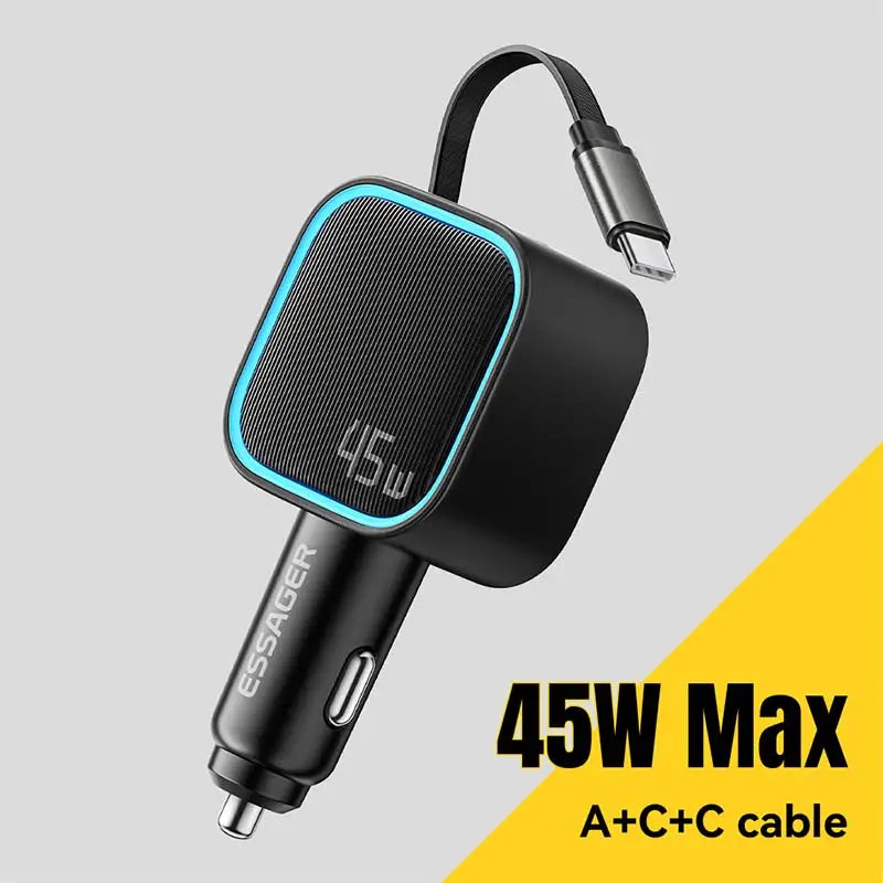 45W Car Charger With Retractable Cable 2-Port USB-C USB-A Multi-Port Fast Charger For Vehicle Mobile Phone Charging