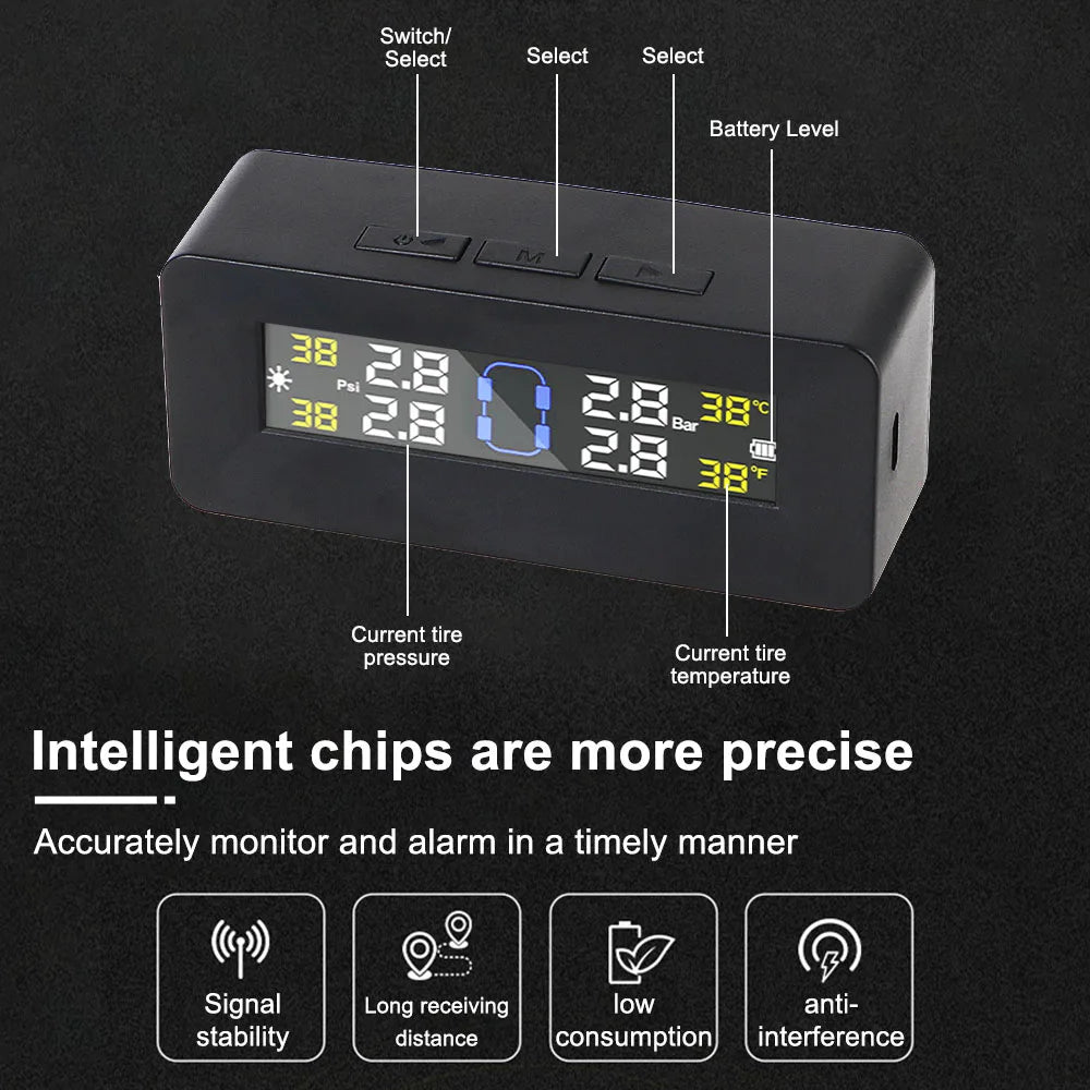 Digital LCD Display Auto Security Alarm Systems Tire Pressure Monitoring System Car TPMS Solar/USB Powered