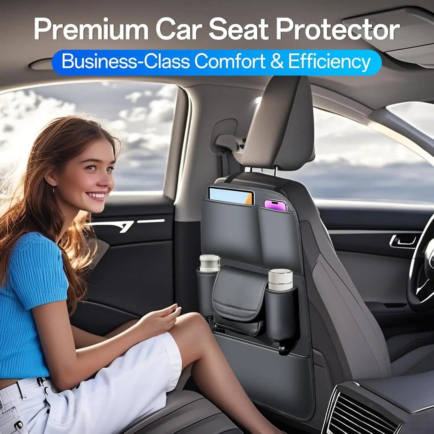 Backseat Car Organizer Leather Back of Seat Car Organizers for Drivers with Large Capacity 6 Storage Pockets Waterproof Kick Mat