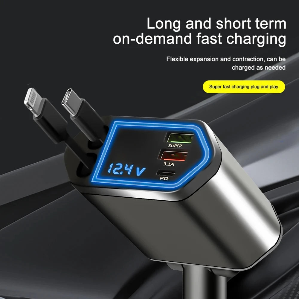 Retractable Car Charger, 4 in 1 Fast Charging Car Charger 120W, Retractable Cable and 2 USB Ports Car Charger Adapter Compatible