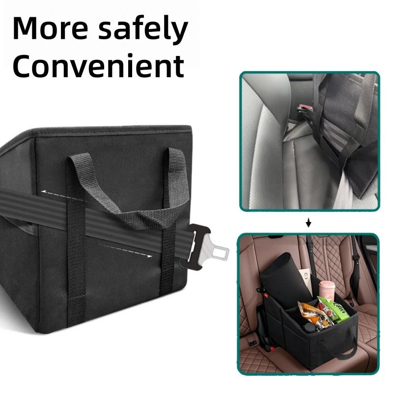 Car Seat Organizer Bag – Passenger Side Storage, Foldable Small Vehicle Storage Bag, with Safety Belt, Car Backseat Storage Box