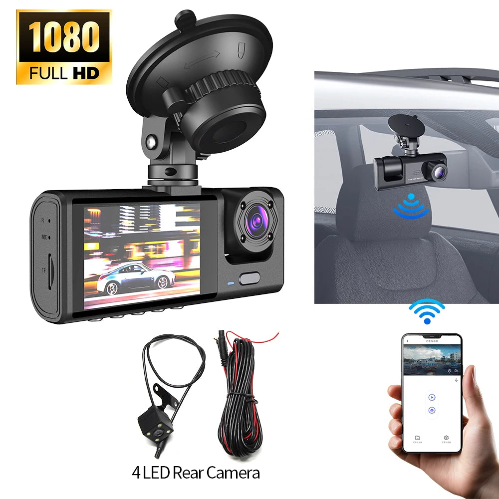 Car DVR 3 Cameras Recorder Rear Inside Vehicle 3-Lens Dash Cam Three Way Camera DVRs Dashcam 3 Channel Video Camcorde 1080P HD