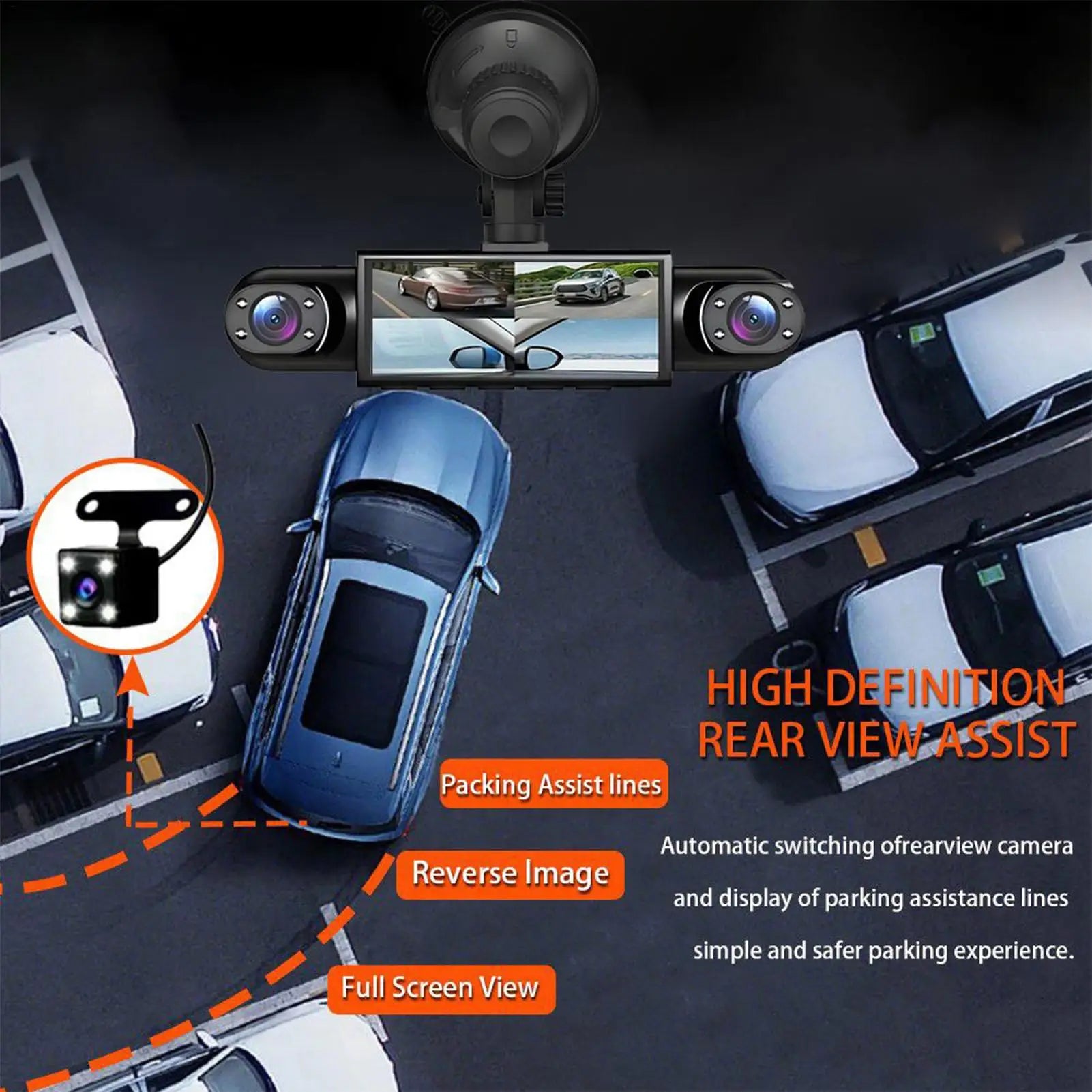 Dash Cam 4 Channel Battery Powered Dash Cam 1080P Monitor with 32G Card Rear Reversing Image for Left Right Front Blind Spot