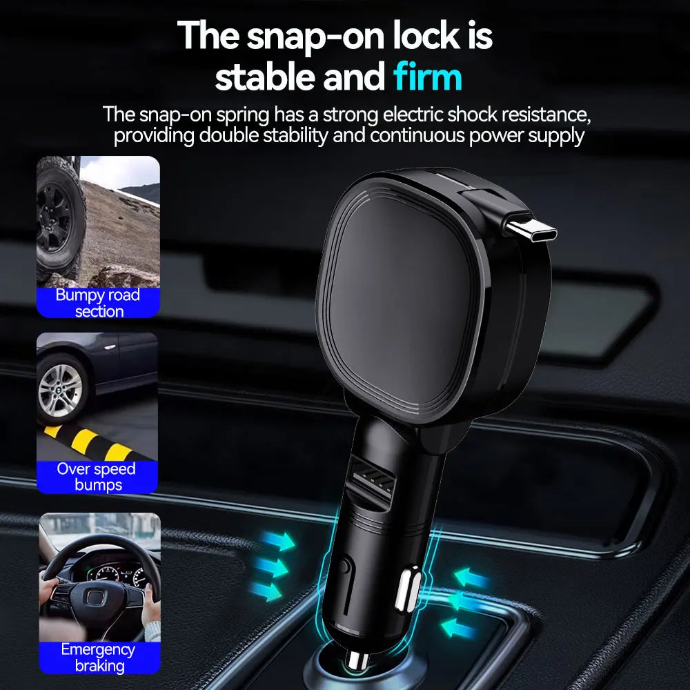 30W Car Charger 2 in 1 Retractable Cable QC PD Fast Car Phone Charger