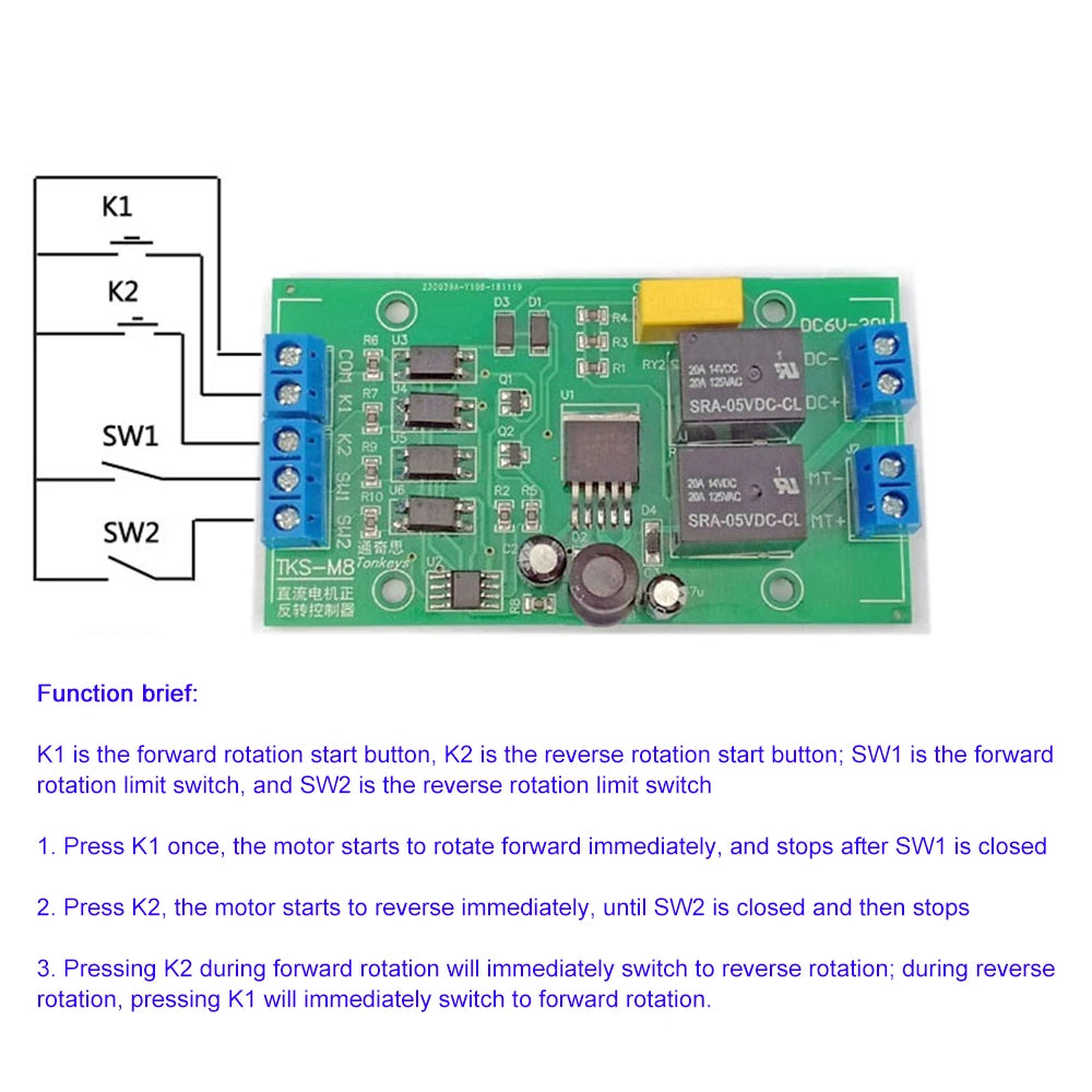 Controlador de motor de CC de 6 V, 12 V y 24 V CC, de avance y retroceso, 20 A, alta corriente, con relé de límite, placa de control de elevación