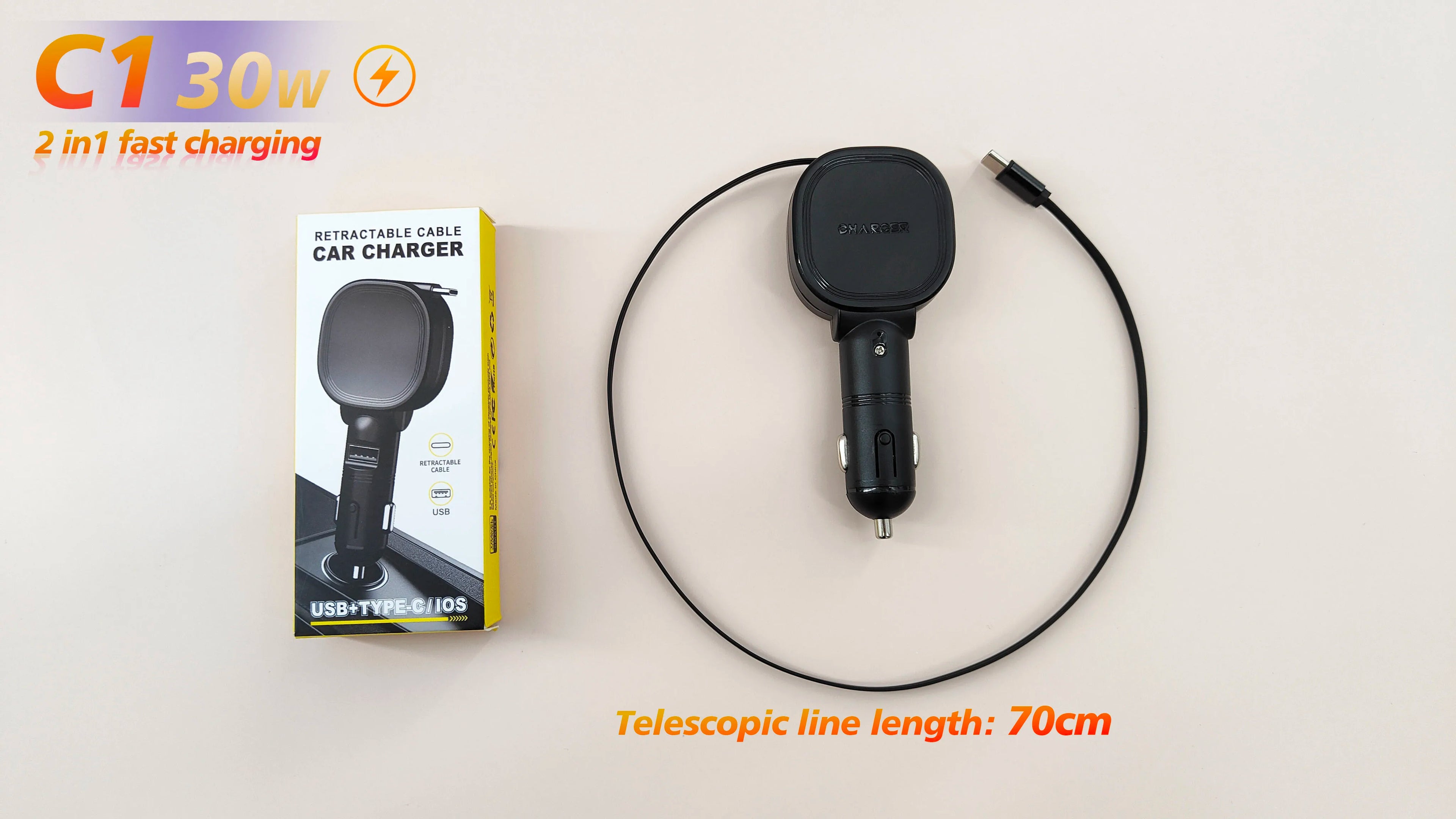 30W Car Charger 2 in 1 Retractable Cable QC PD Fast Car Phone Charger