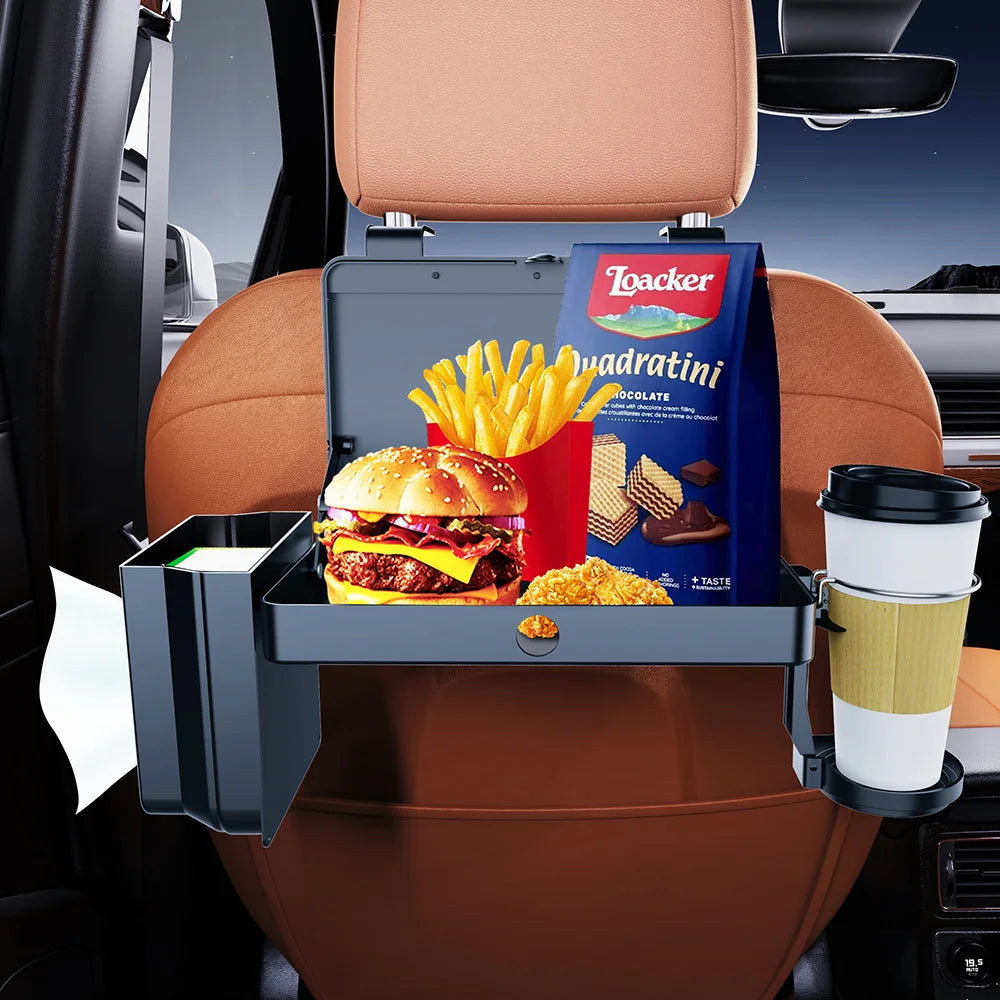 Car Backseat Organizer with Foldable Tray Dual Cup Holders Large Storage Space Easy to Install Vehicle Seat Back Accessories