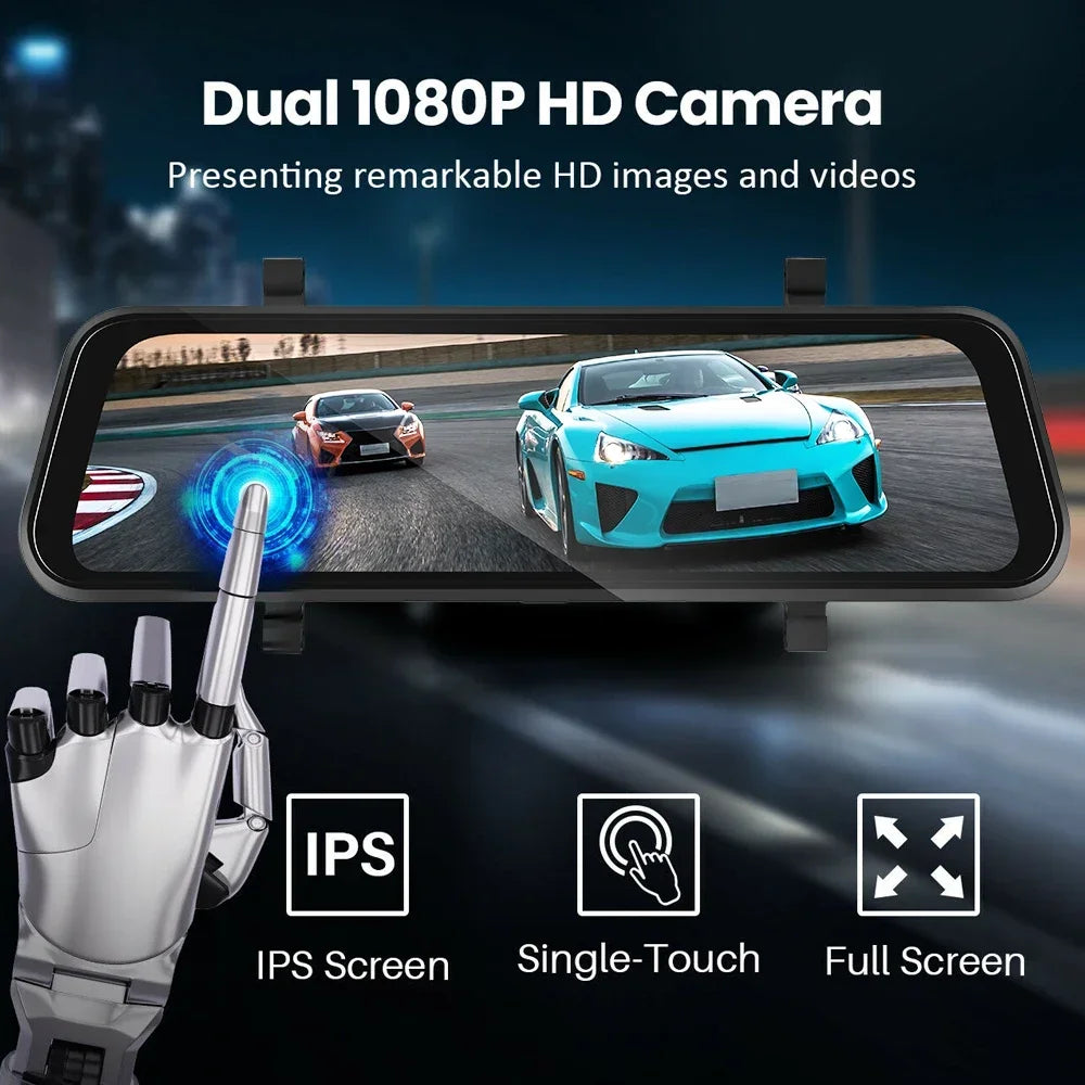 Car Dvr 9.66 Inch Touch Screen Stream Rear View Dash Cam Mirror Dual Camera Drive Recorder Carplay Android Auto Bluetooth