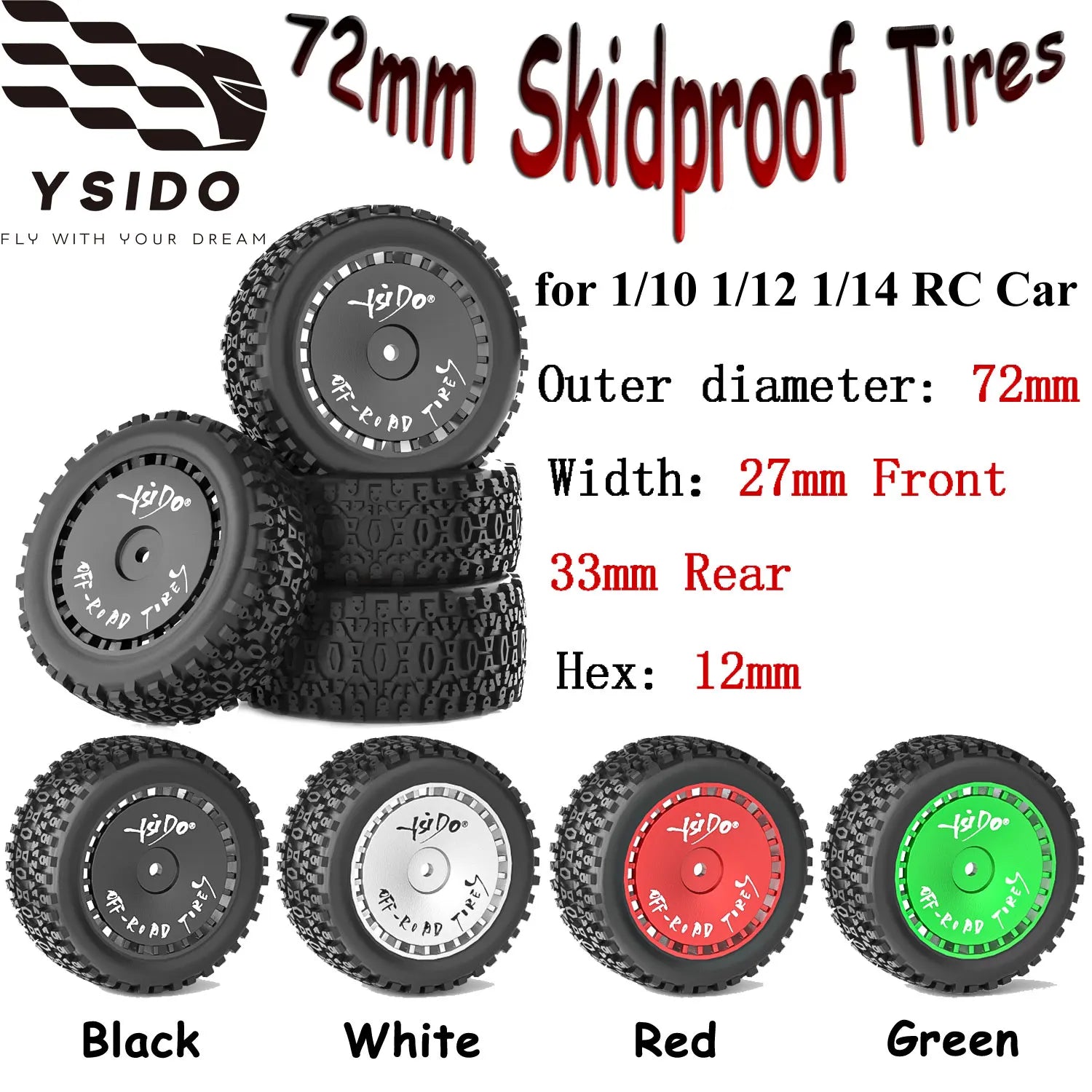 4PCS 72mm Front Rear Skidproof Rubber Wheel Tires 12mm HEX for 1/10 1/12 1/14 Wltoys ZD Racing BX-12 RC Racing Off-Road Car Tyre