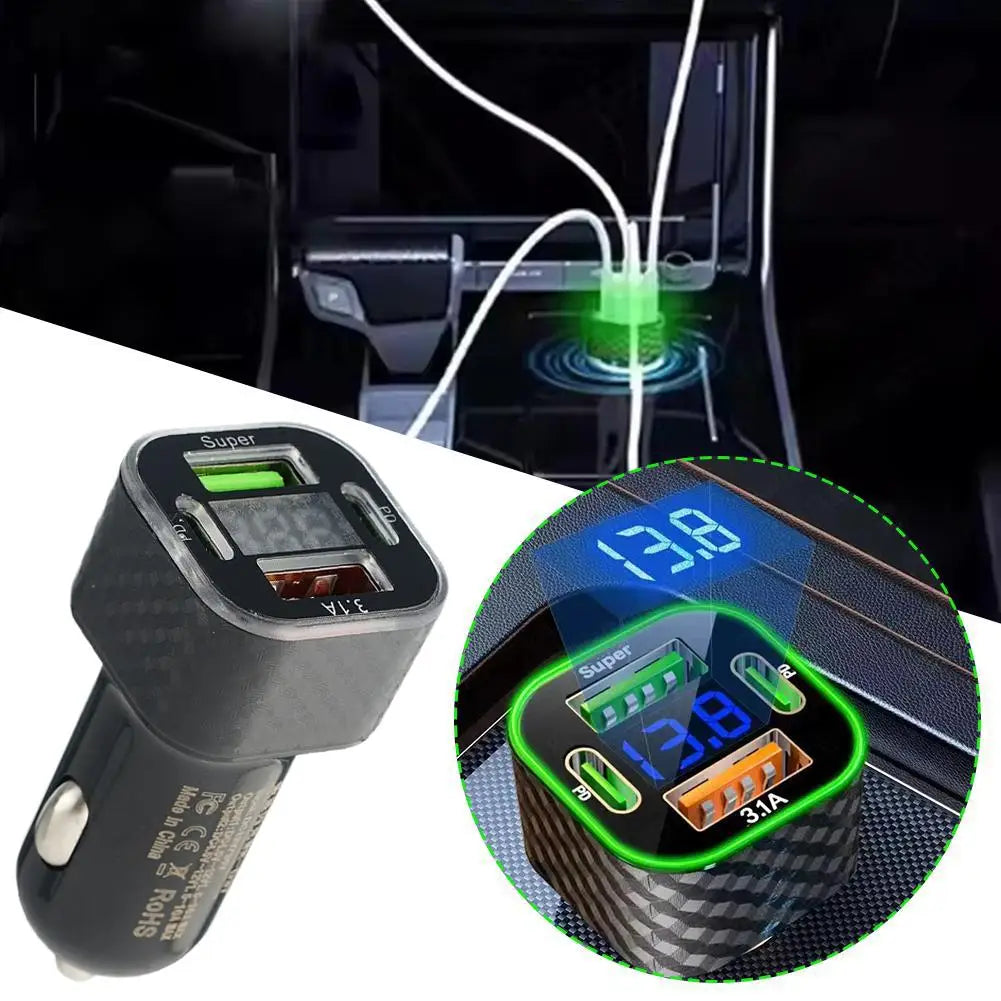 USB C 66W Car Phone Charger Dual PD 4 In 1 With Voltage Display General Super Fast Charge Adapter CE Car Accessories