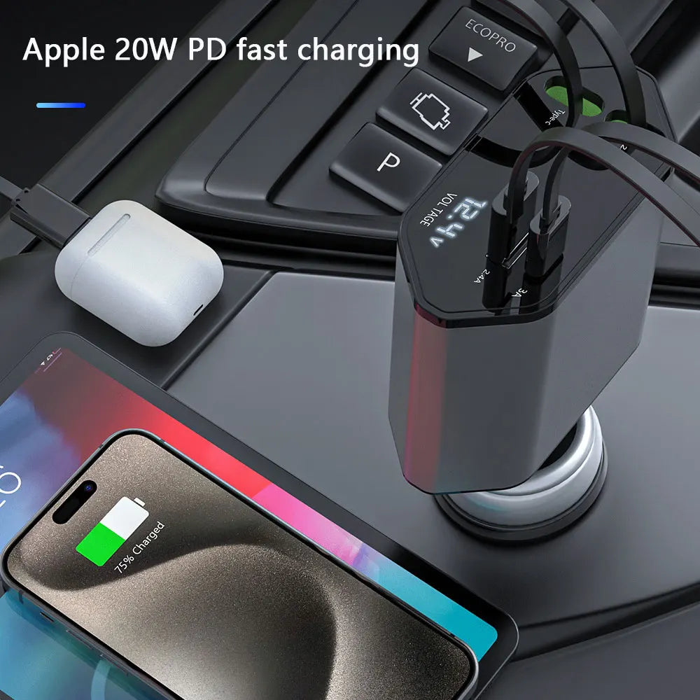 120W 4 Ports Car Charger Fast Charging PD QC3.0 USB Type C Car Phone Charger Retractable Charging Cable Adapter For IPhone