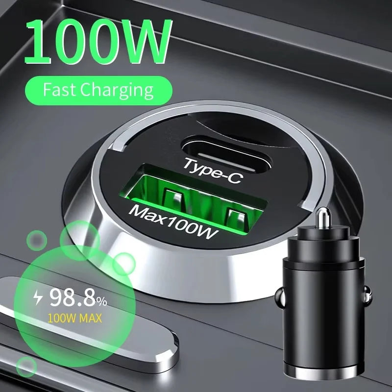 100W 12V-24V USB Mini Car Charger Type C QC3.0 PD Car Chargers Auto Fast Charging Phone Charger Adapter For iPhone Huawei Xiaomi
