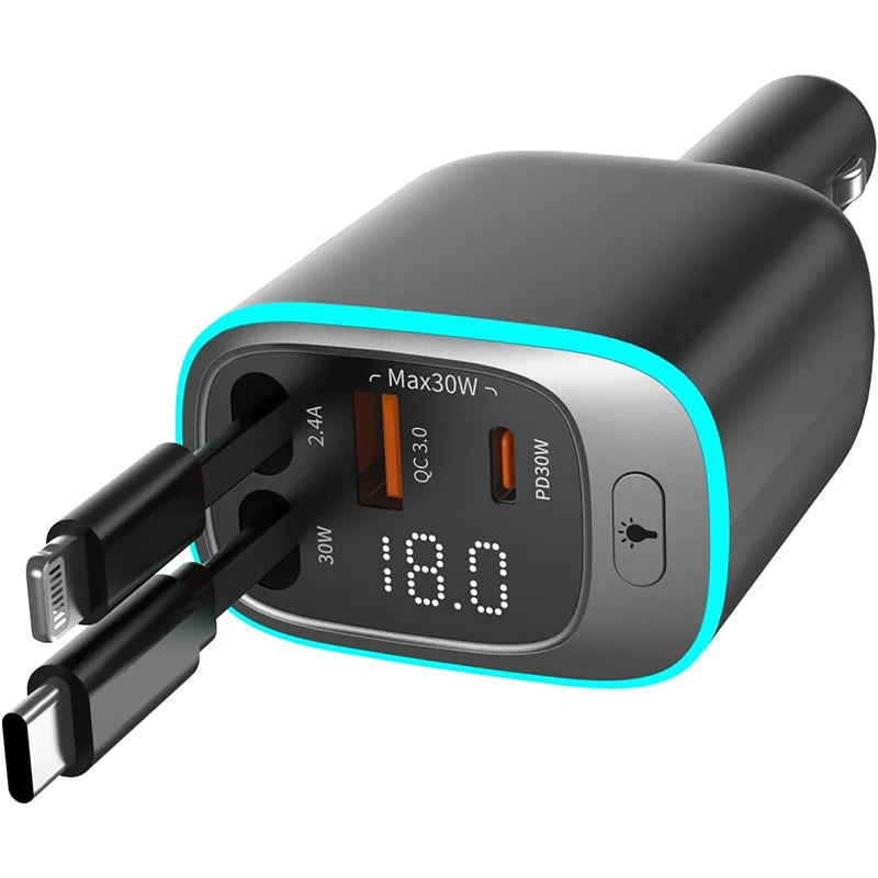 Scalable car charger 4in1 fast charging car charger with 72W retractable cable and PD30W USB port compatible with Type-C adapter