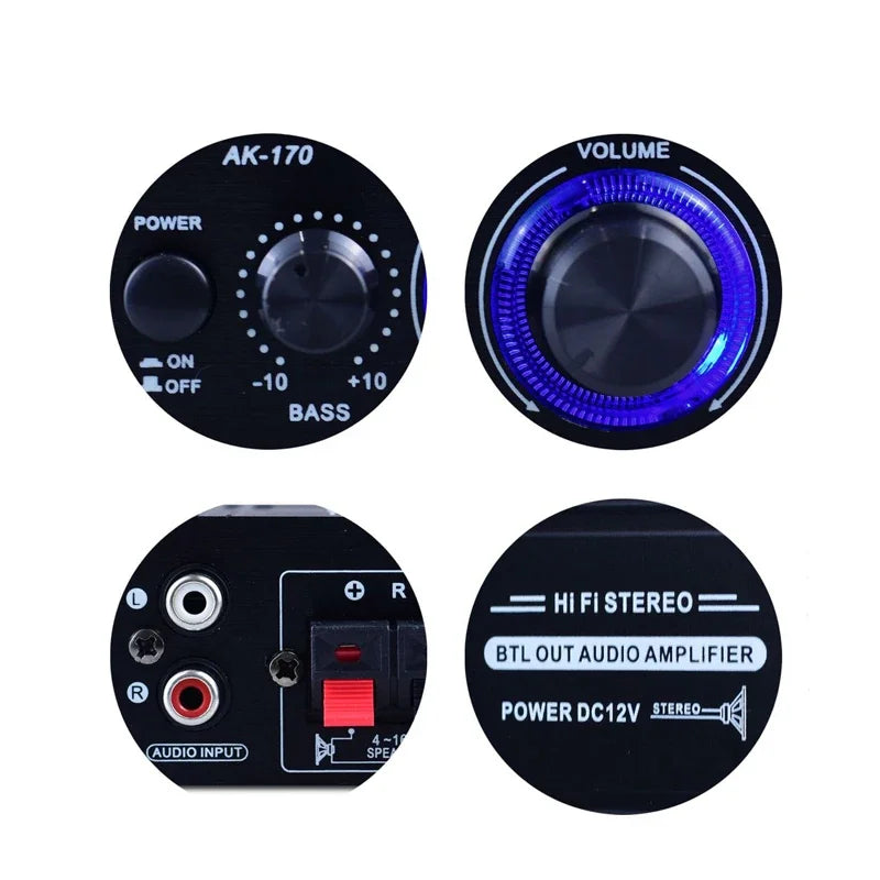 AK170 Mini Digital Power Audio Car Amplifier Blue Light Stereo Audio Amplifier for Home Theater Club Party Music 200Wx2 Power