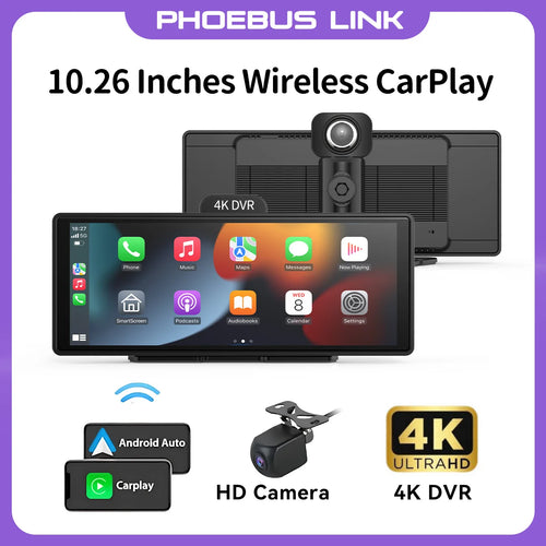 10.26 inch Dash Cam 4K Car DVR Wireless Carplay & Android Auto GPS Navigation Video Recorder Dashboard Dual Lens Wifi FM AUX