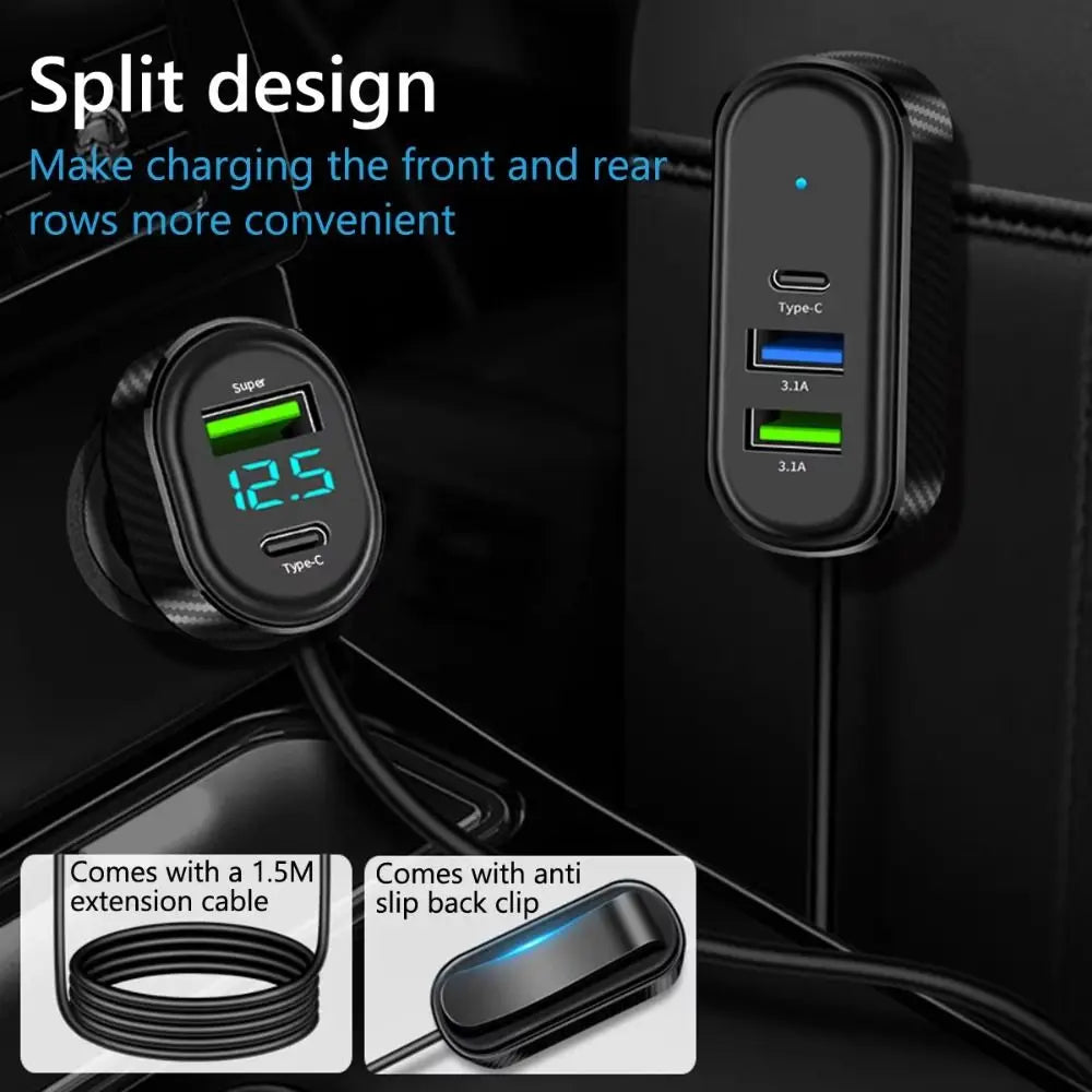 Portable 5 in 1 Car Phone Charger 66W Multi Port Car USB Charger with 1.5M Extension Cable Fast Charging Auto Power Adapter