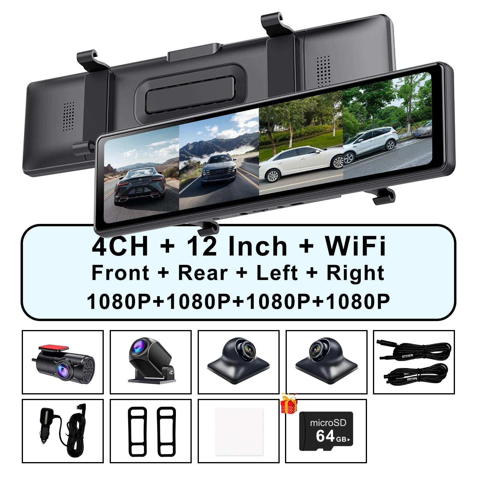 Adinkam 4CH Mstar Dash Cam 12 ''WIFI Rear View Mirror 4 Cameras  Side Fisheye Golden Lens Full HD Night Vision Parking Monitor