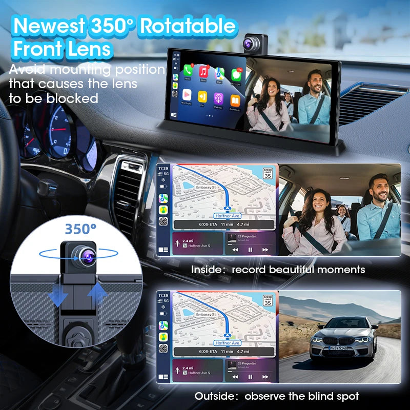 11.26 inch ADAS Car DVR 4K Camera Rotatable Front Camera Bluetooth Wireless Carplay Android Auto Dashcam Video Recorder FM AUX