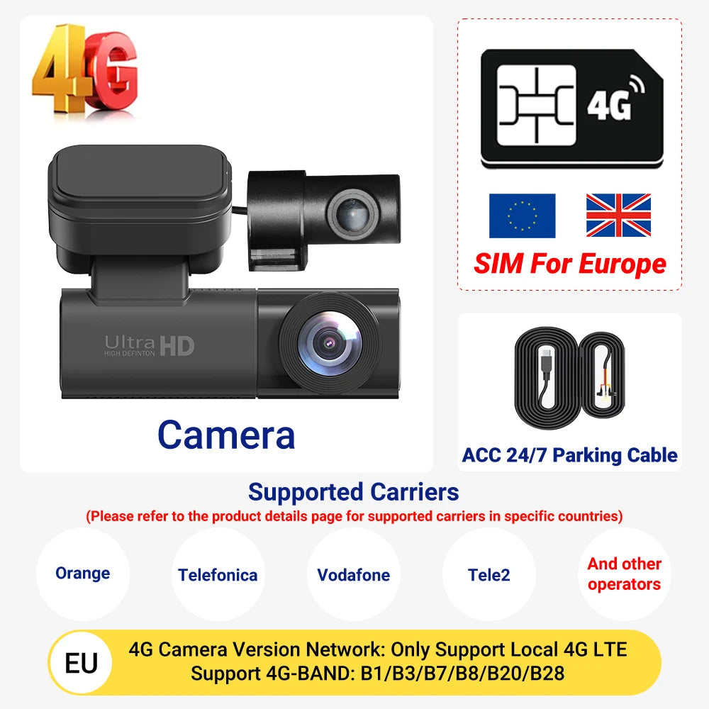 4G LTE Dashcam 4K Car Dvr Black Box Front & Rear View Car Camera Collision Warning GPS Tracking Human Detection Car Recorder