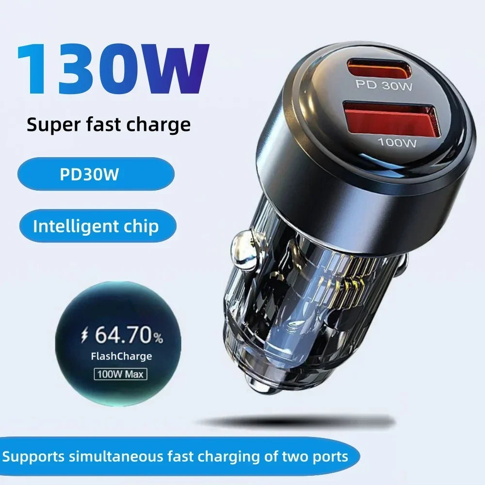 130W Type C Transparent Car Charger USB Fast Charging in Car for iPhone 16 15 Xiaomi 14 Huawei Quick Charge Mobile Phone Charger