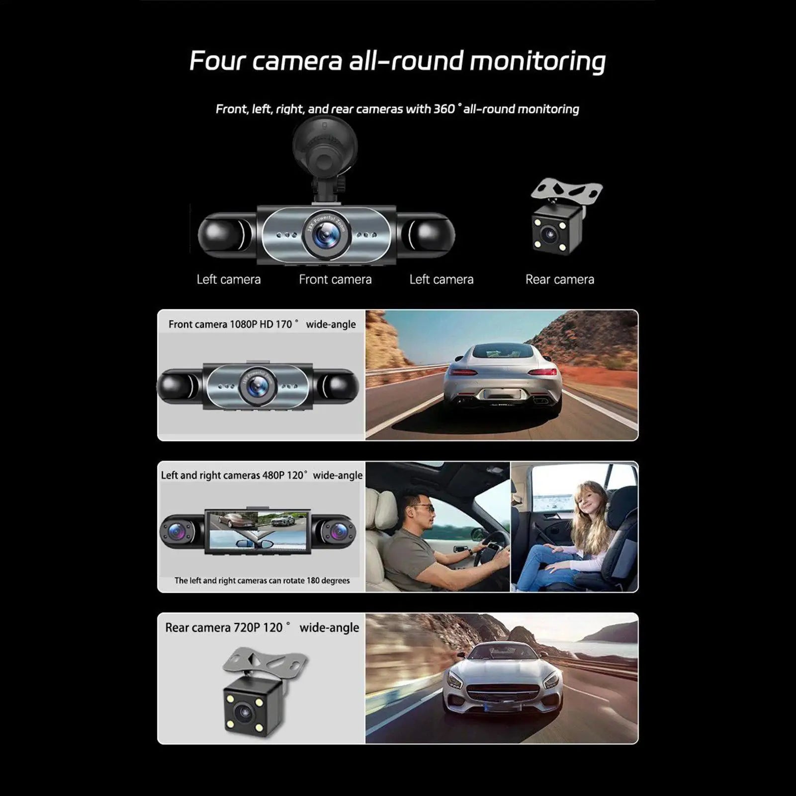 Dashboard Camera 4 Channel Battery Powered Dash Cam 1080P High Definition Monitor With 32G Card Reversing Image For RV Vehicle