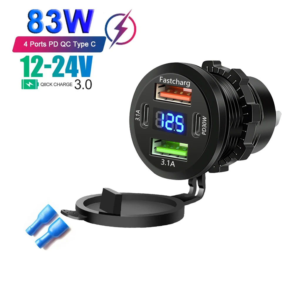 86W Car Charger PD Type C QC3.0 Fast Charging with Voltmeter Power Outlet Adapter Waterproof 12V/24V for Car Boat Motorcycle