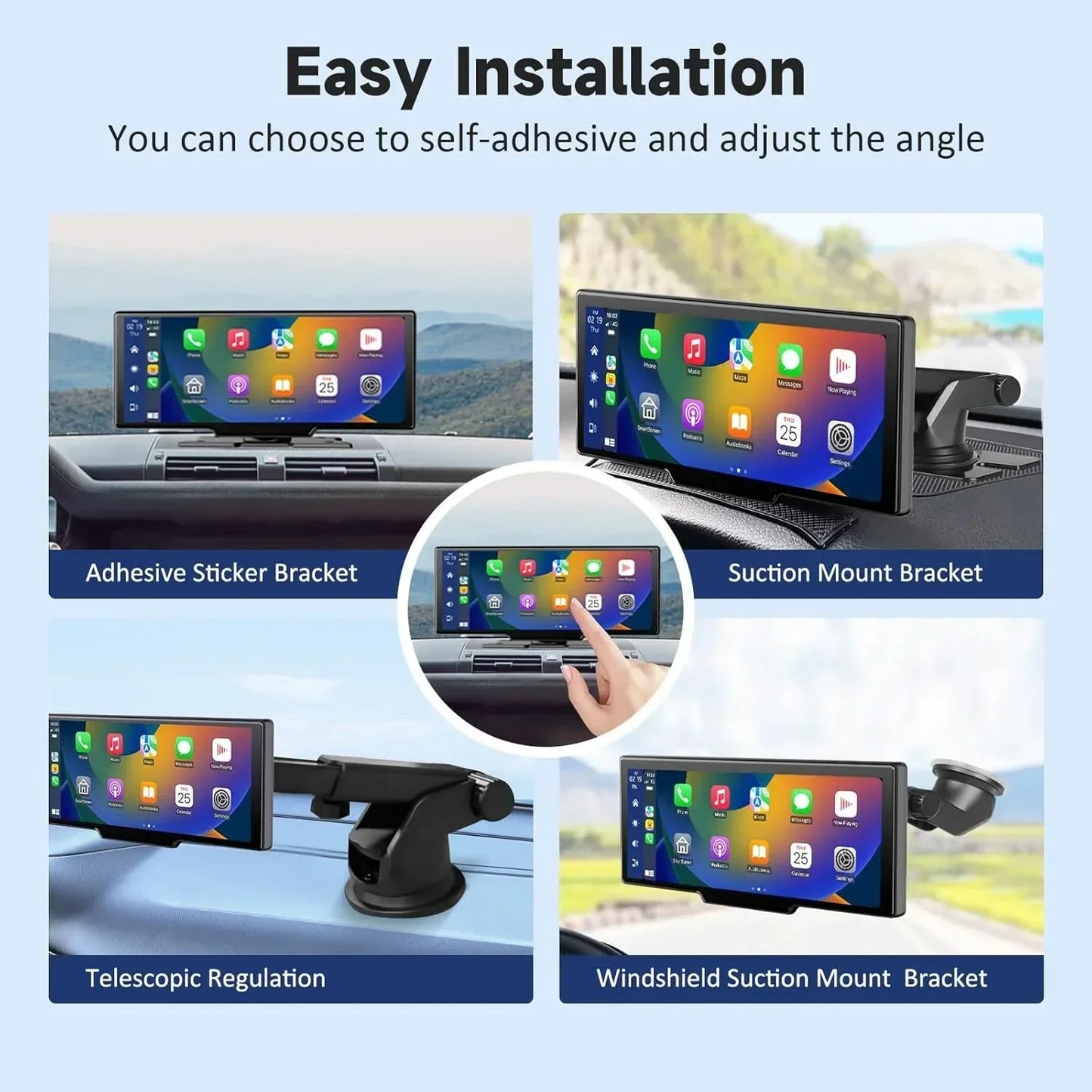 10.26'' Portable 4K Dash Cam Wireless CarPlay Android Auto Car Monitor Dashboard Car DVR Video Recorder GPS FM BT
