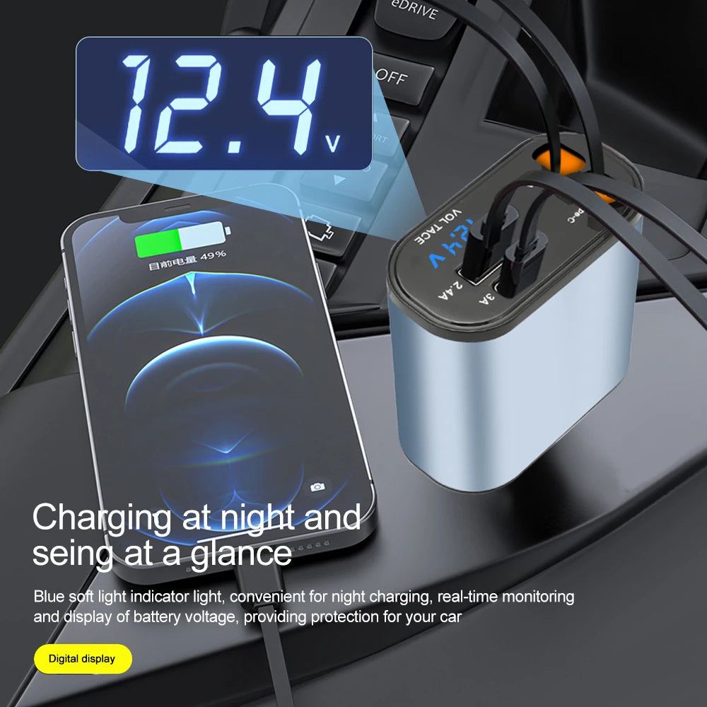 KEBIDUMEI D2 Car Charger Type-C Fast Charging Power Adapter Cable Digital Display Retractable 4in1 Phone Chargers Car Accesories