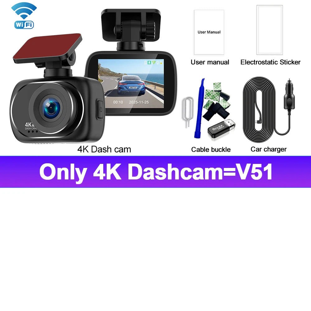 Dash Cam Dual Lens 4K UHD Recording Car Camera DVR Night Vision Video Recorder Support GPS Wi-Fi Black Box 4K Rear View Camera