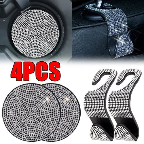 4 Pcs/set Car Interior Accessories Multifunction Diamond Auto Seat Back Hooks Non-slip Coaster Universal Car Hook Water Cup Mat