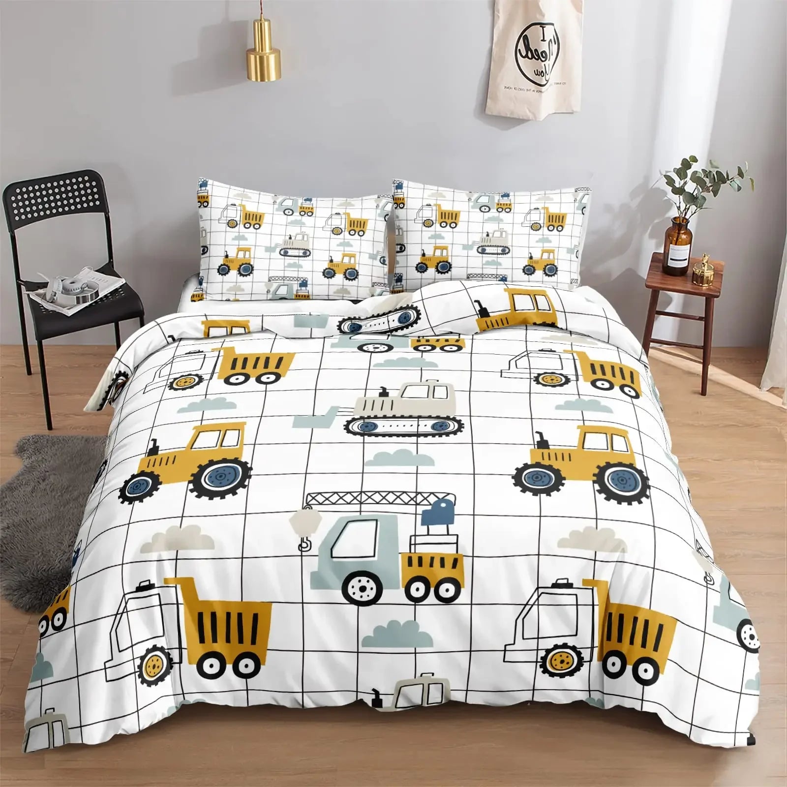 Construction Vehicles Boys Excavator Duvet Cover Yellow Tractor Truck Bedding Set for Teens Child Old Retro Car Theme Room Decor