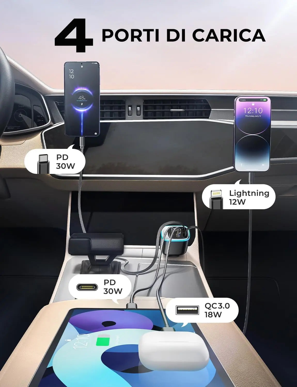 Scalable car charger 4in1 fast charging car charger with 72W retractable cable and PD30W USB port compatible with Type-C adapter
