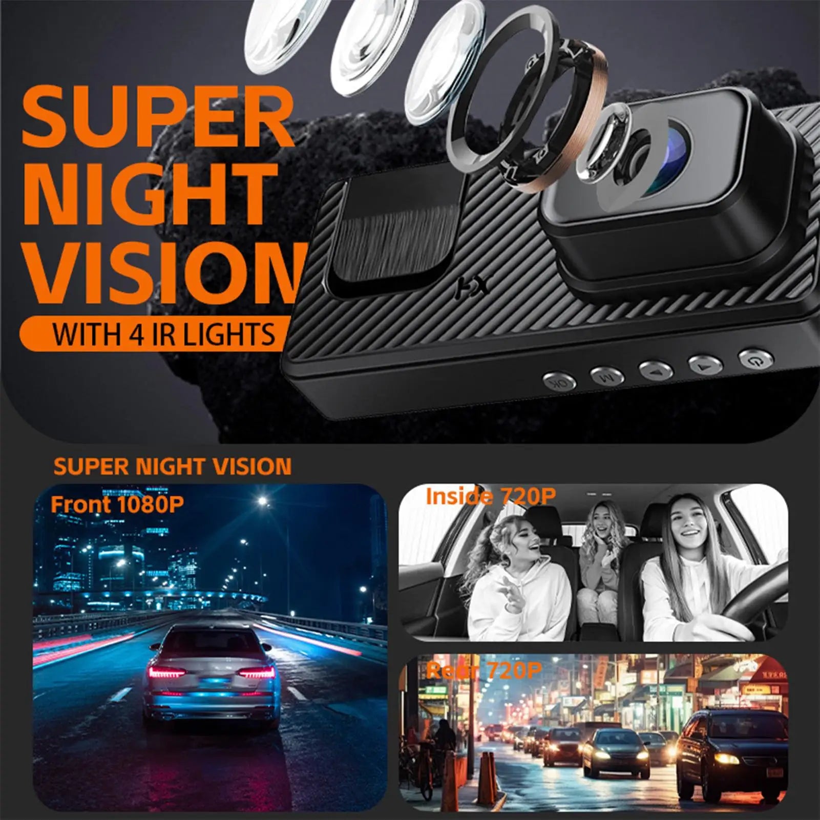 Dash Cam 3 Channel Battery Powered Dash Cam 1080P Monitor WIFI Infrared Night Vision Front Rear Reversing Image For Truck Taxi
