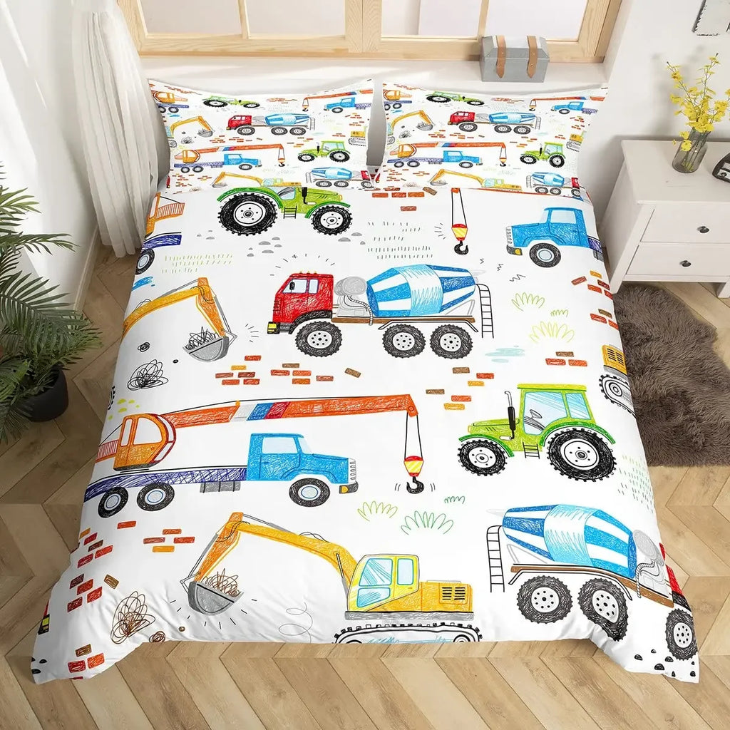 Construction Vehicles Boys Excavator Duvet Cover Yellow Tractor Truck Bedding Set for Teens Child Old Retro Car Theme Room Decor