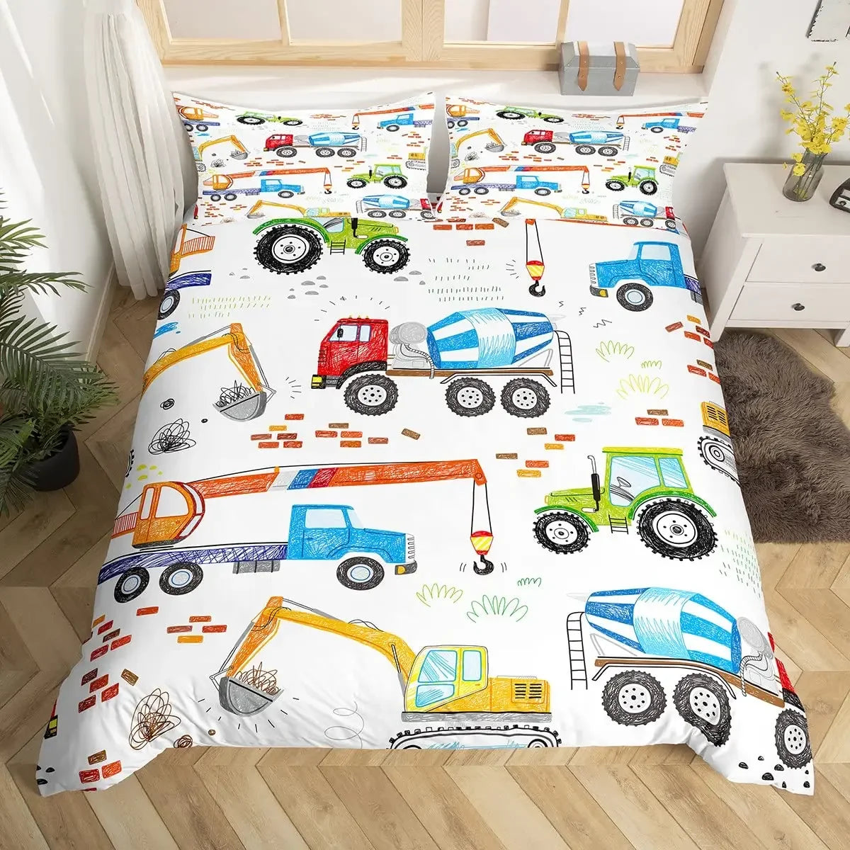 Construction Vehicles Boys Excavator Duvet Cover Yellow Tractor Truck Bedding Set for Teens Child Old Retro Car Theme Room Decor