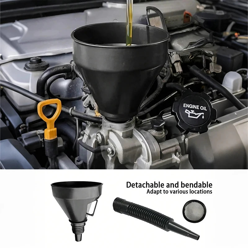 Universal Oil Funnel Kit w/Filter – Durable Plastic Fine Mesh Leak-Proof for Cars/Motorcycles/ATVs/Trucks Incl Extensions & Hose