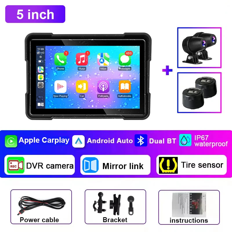 ﻿5 inch Motorcycle DVR Navigation GPS Wireless CarPlay Android Auto Dash Cam Display Screen Portable DVR TPMS Moto Monitor IPX7