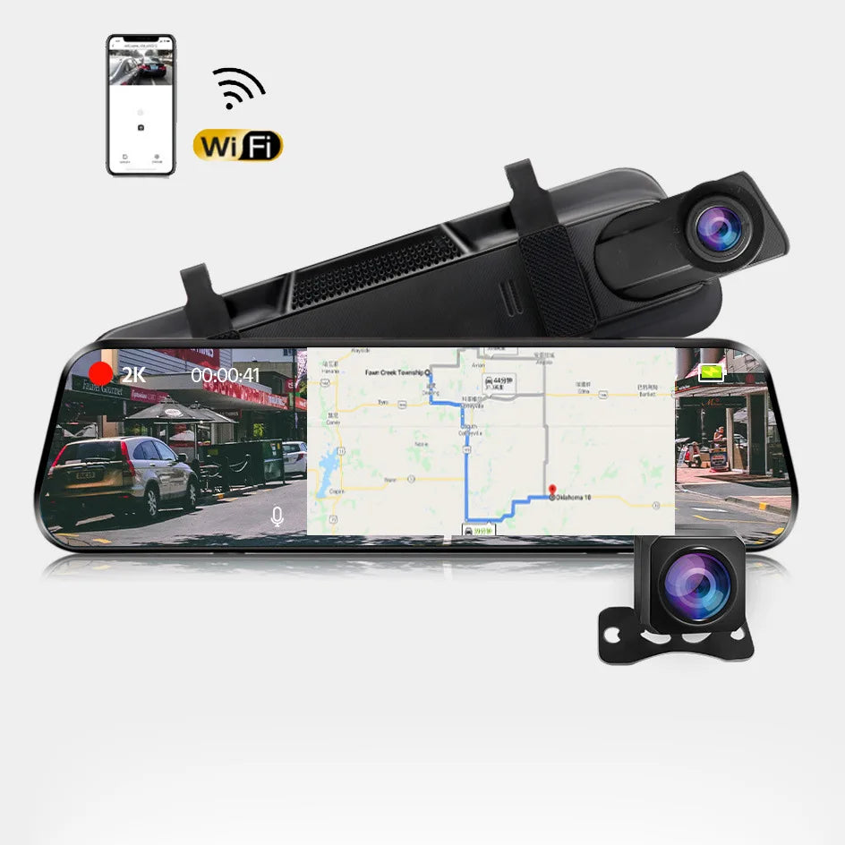 2K 10 Inch Dash Cam DVR Car Front and Rear Dual Camera Mirror Recorder HD Dashboard Video Night Vision WiFi Parking Monitor