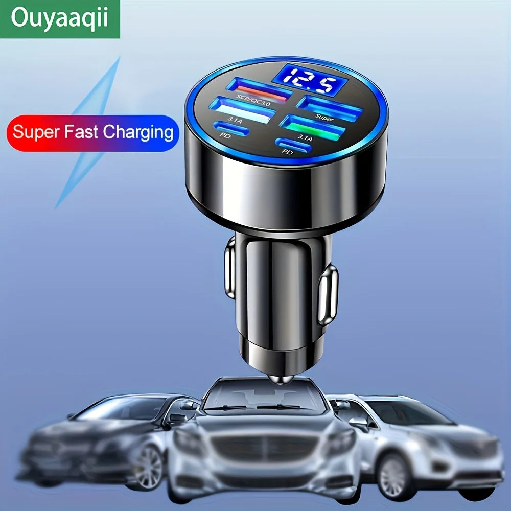 Car Charger 6 Ports Quick Charger QC3.0 Fast Charging Multi-function Adapters PD With Display Ambient Lighting Auto Sockets